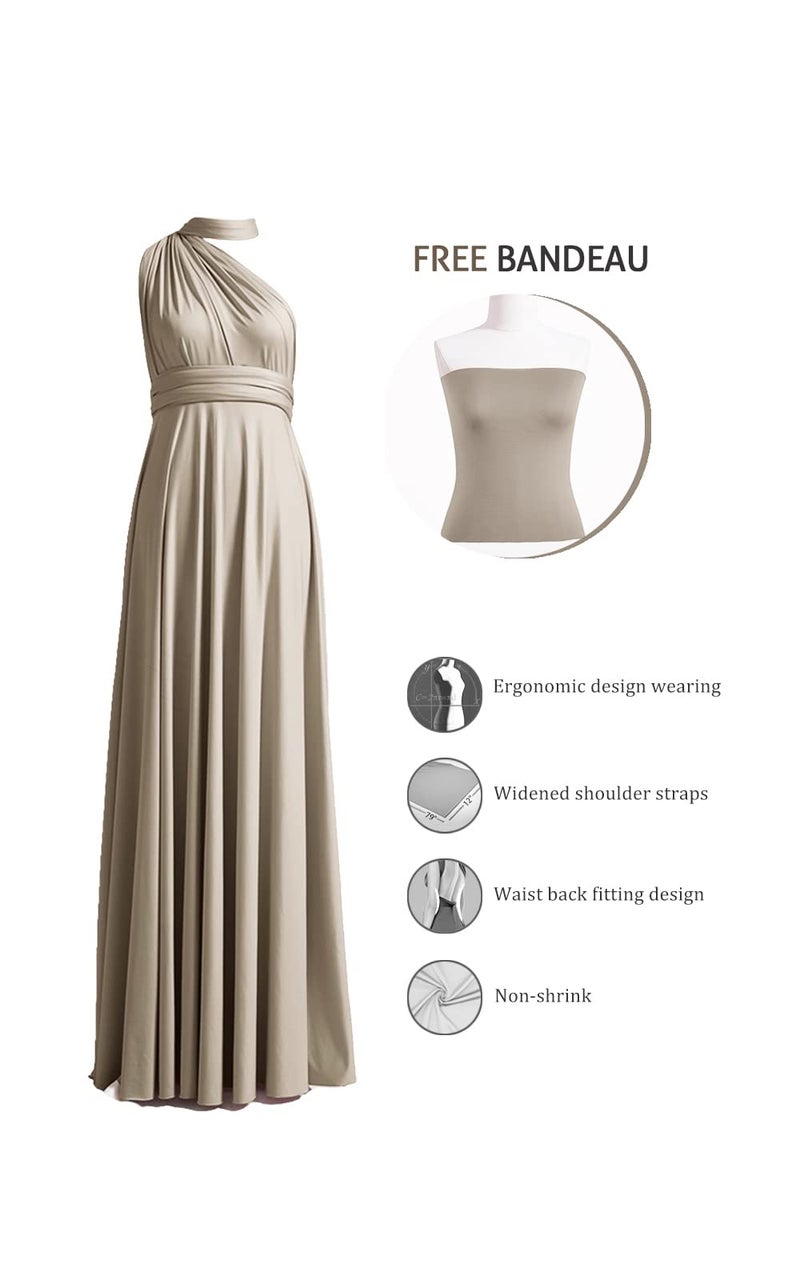 72styles Bridesmaid Dresses One Shoulder Long for Women Formal Vintage Evening Party Prom Gown Halter Convertible Dress with Bandeau Plus Size Taupe - Image 2
